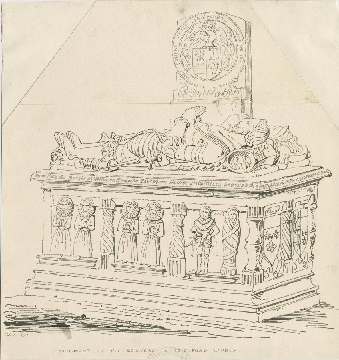 Seighford Church - William ja Mercy Bowyerin hauta: kynä- ja mustepiirustus tekijältä Thomas Peploe Wood