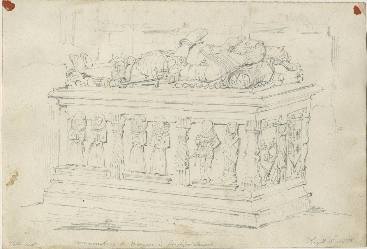 Seighford Church - William ja Mercy Bowyerin hauta: lyijykynäpiirros tekijältä Thomas Peploe Wood