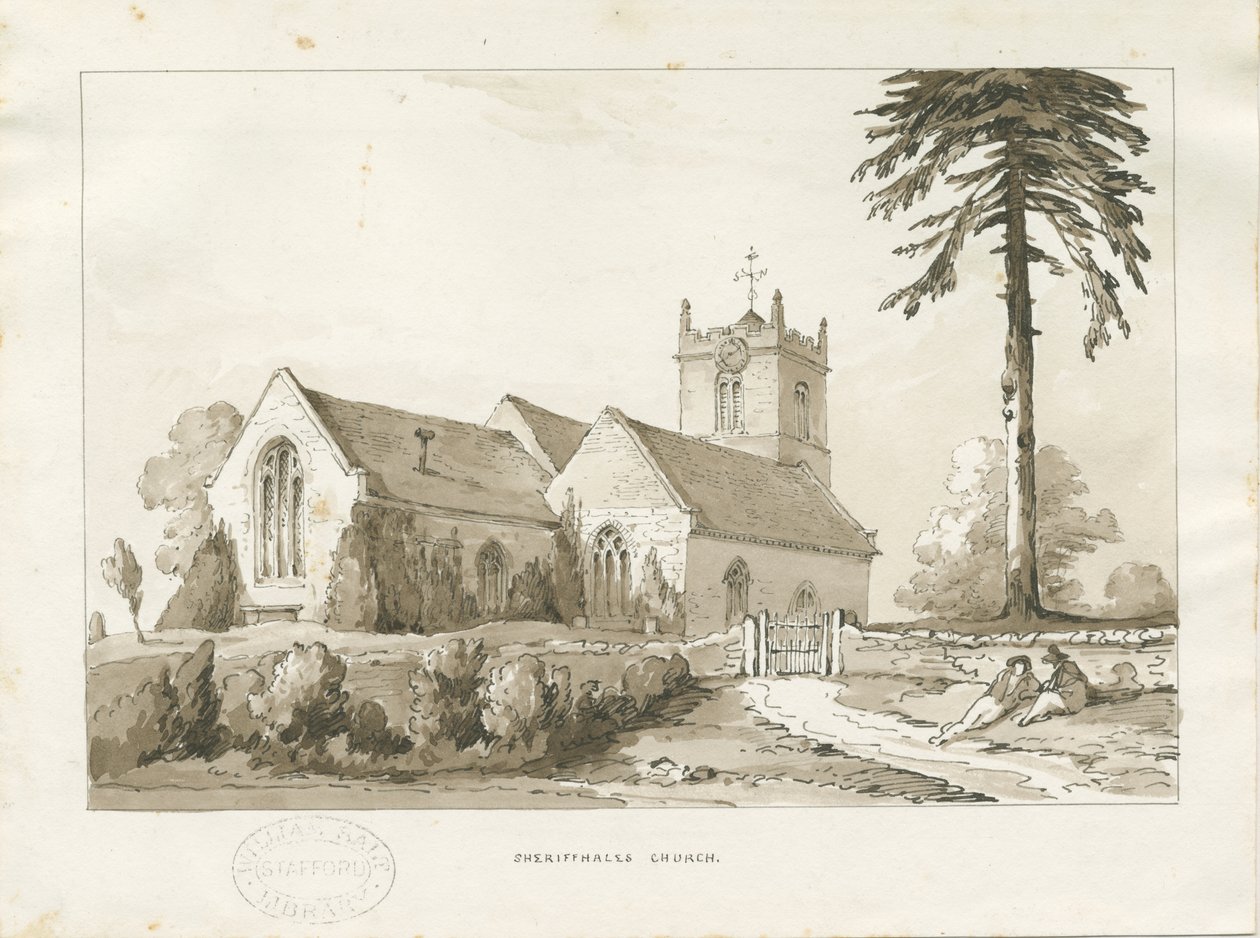 Sheriffhales Church: seepia pesupiirustus, nd [?1838] (piirustus) tekijältä Thomas Peploe Wood