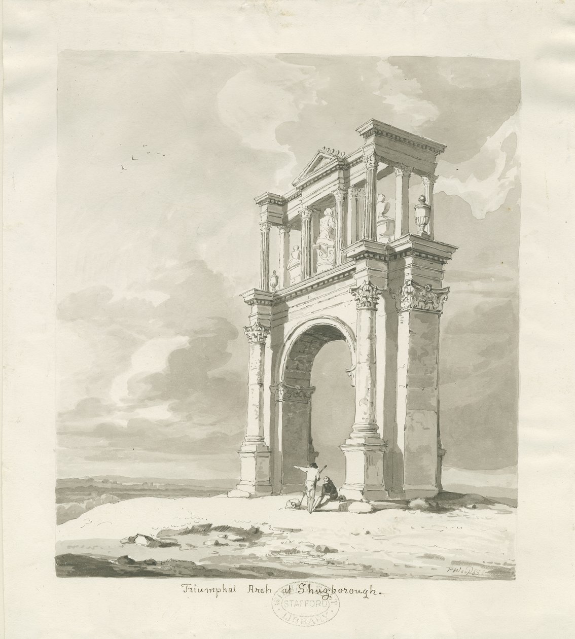 Shugborough - Riemukaari: seepiapiirustus, 1836 tekijältä Thomas Peploe Wood