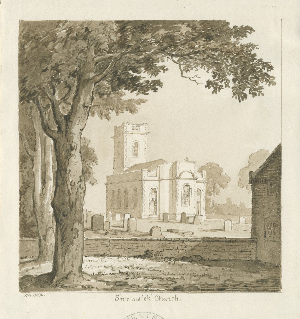 Smethwickin kirkko: seepiapiirros, 1836 tekijältä Thomas Peploe Wood