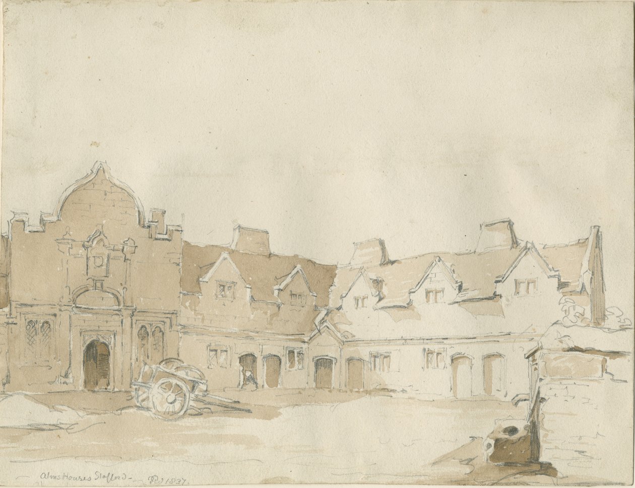 Stafford - Alms Houses: kynäpiirros, 1837 tekijältä Thomas Peploe Wood
