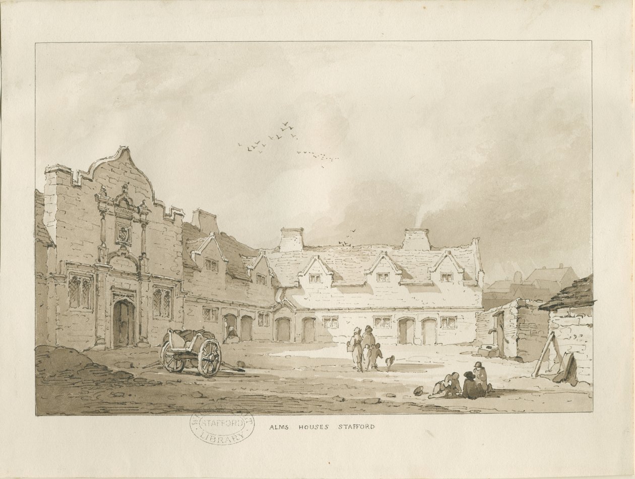 Stafford - Alms Houses: seepiapiirros, nd [1837] (piirustus) tekijältä Thomas Peploe Wood