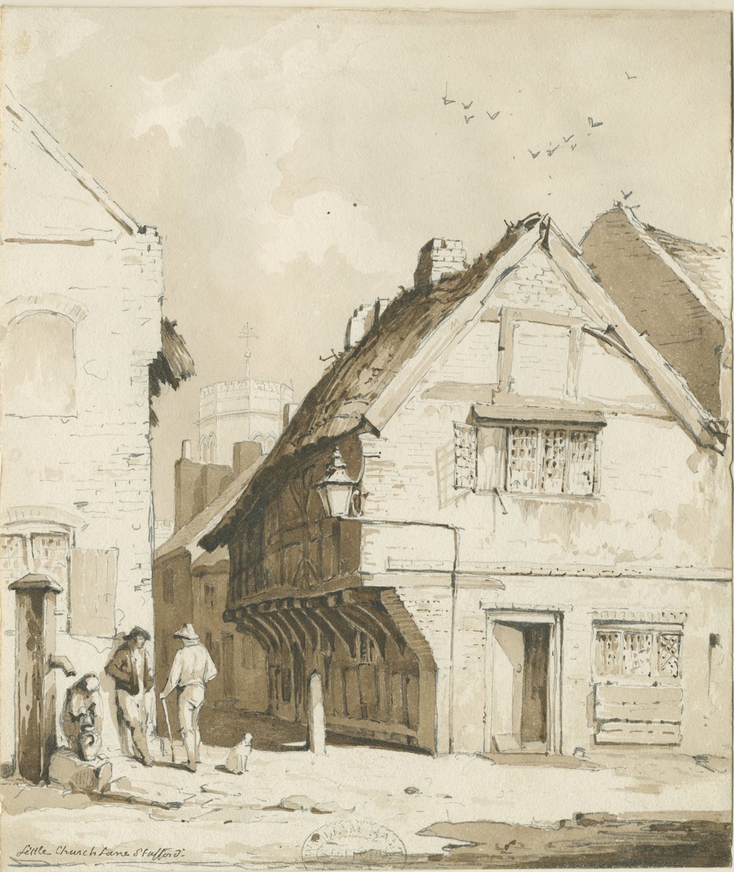 Stafford - Little Church Lane: seepiapiirros, nd [c 1837] tekijältä Thomas Peploe Wood