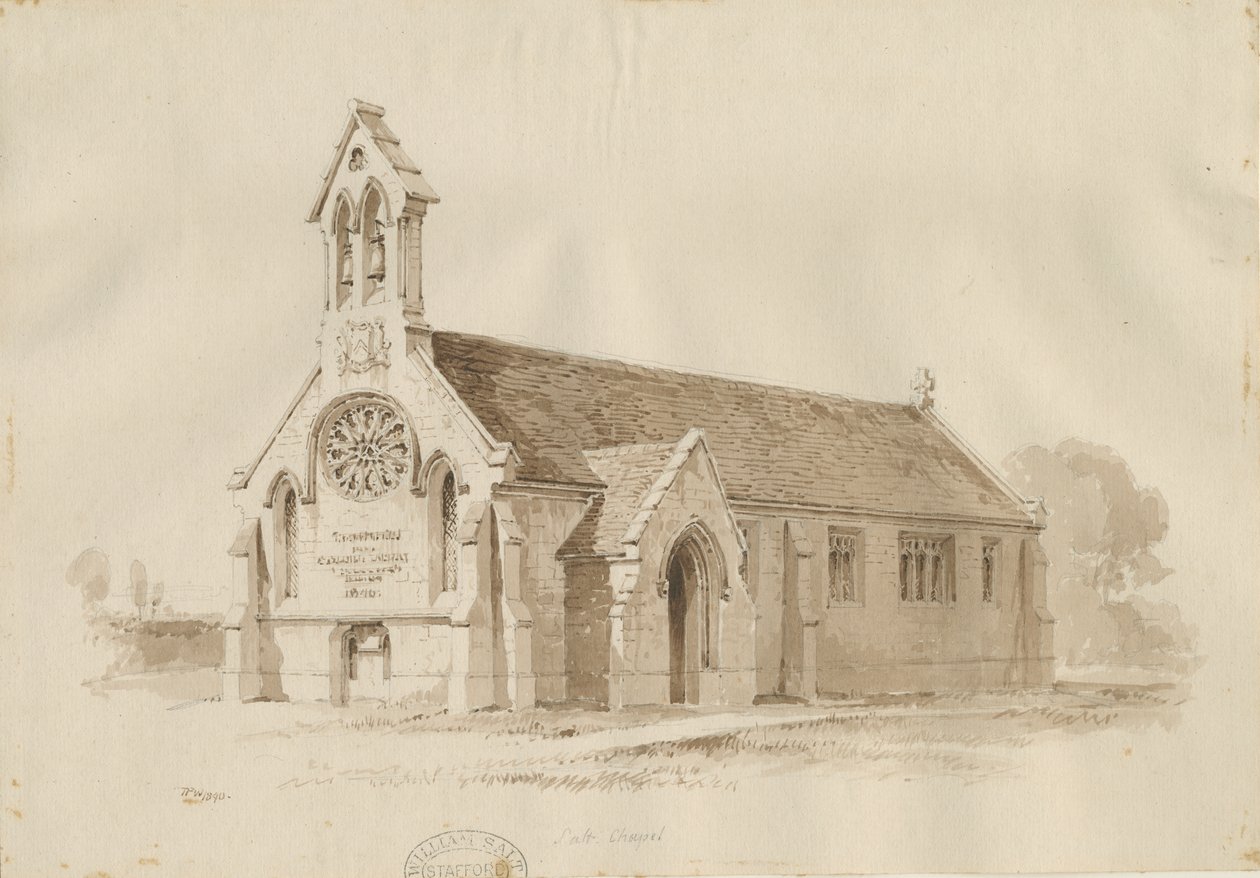 Stafford - Salt Chapel [St. James"]: kynä- ja pesupiirustus, 1840 tekijältä Thomas Peploe Wood