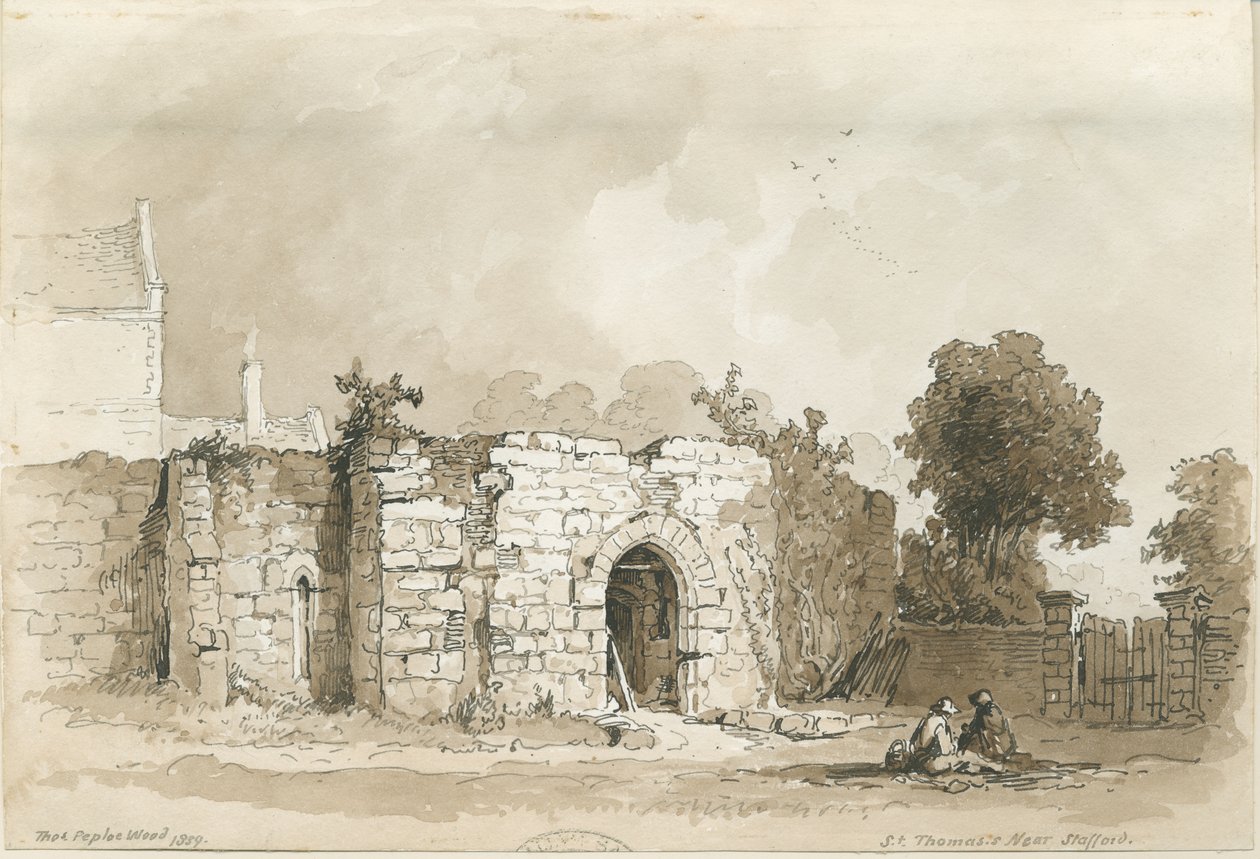 Stafford - St. Thomas" [Priory]: kynä- ja seepiapiirustus, 1839 tekijältä Thomas Peploe Wood