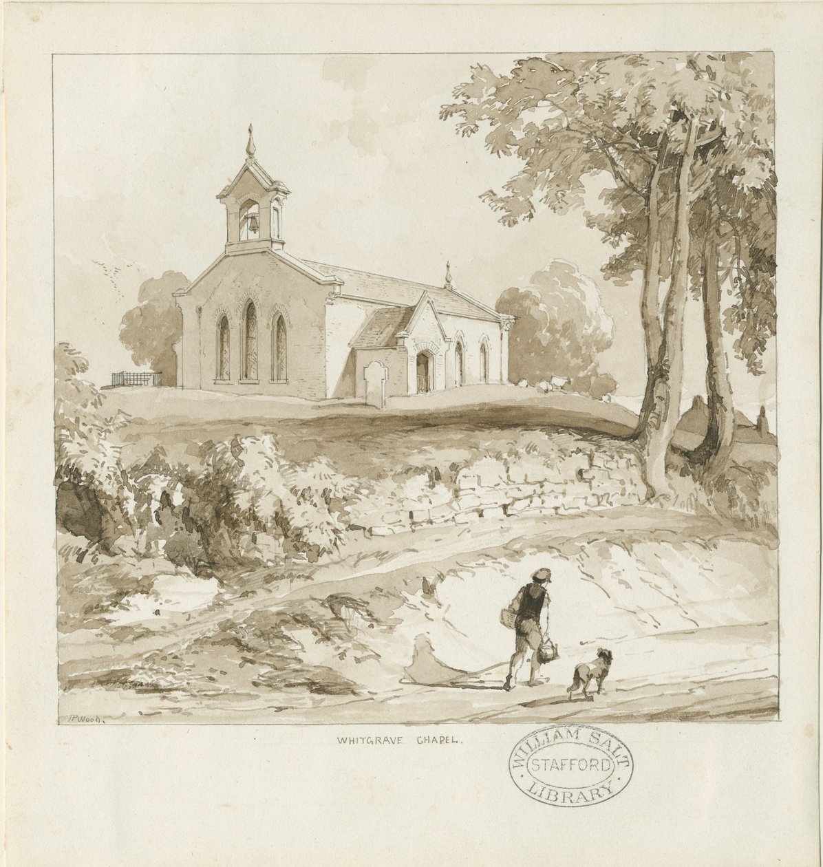 Stafford - Whitgreave Chapel: seepiapiirros, nd [c 1838] (piirustus) tekijältä Thomas Peploe Wood