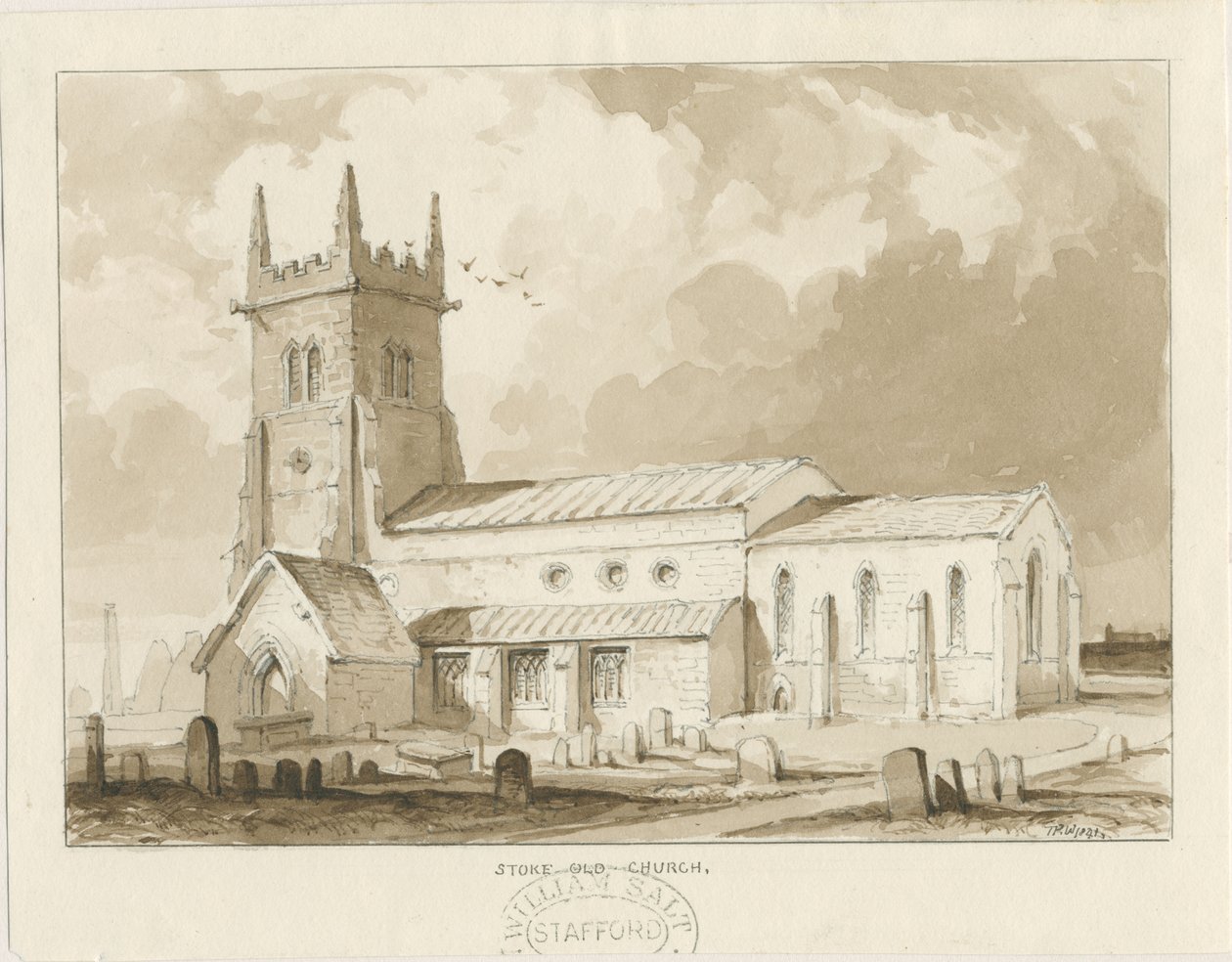 Stoke-upon-Trent Church [Vanha]: seepiapiirros, 1841 tekijältä Thomas Peploe Wood