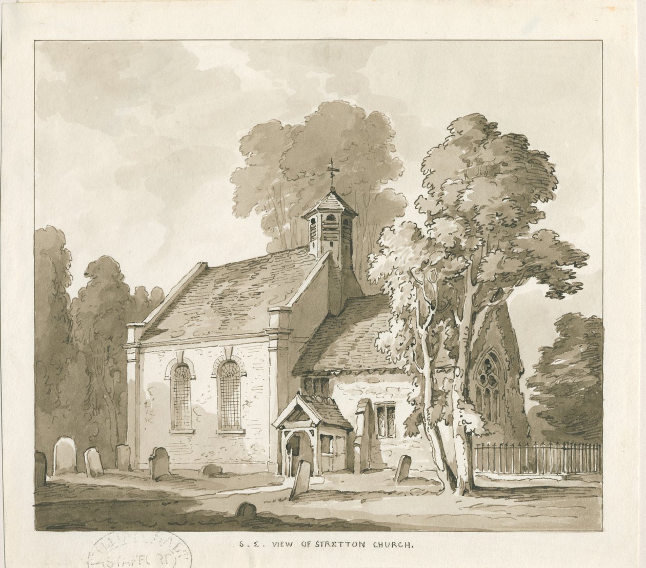 Stretton Church: seepiapesupiirros, nd [?1838] tekijältä Thomas Peploe Wood