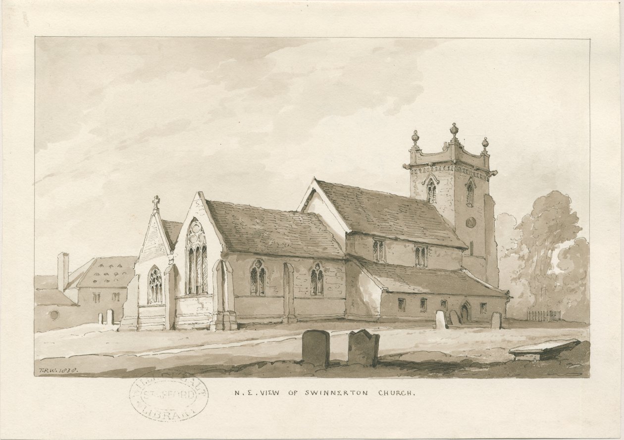 Swynnerton Church: seepiapesupiirustus, 1838 tekijältä Thomas Peploe Wood