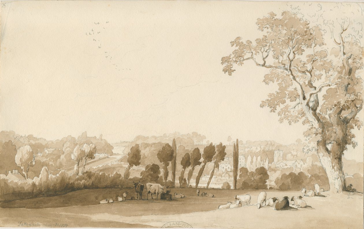 Tettenhall - Kaukainen näkymä kaakosta: kynä- ja pesupiirustus, 30. elokuuta 1837 tekijältä Thomas Peploe Wood