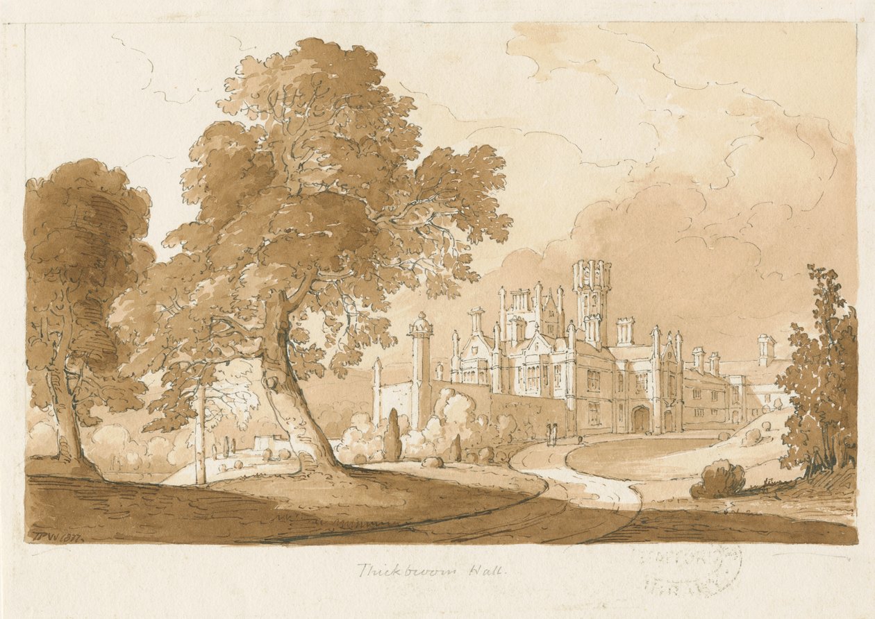 "Thickbroom Hall" [Manley Hall]: seepiapesupiirustus, 1837 tekijältä Thomas Peploe Wood