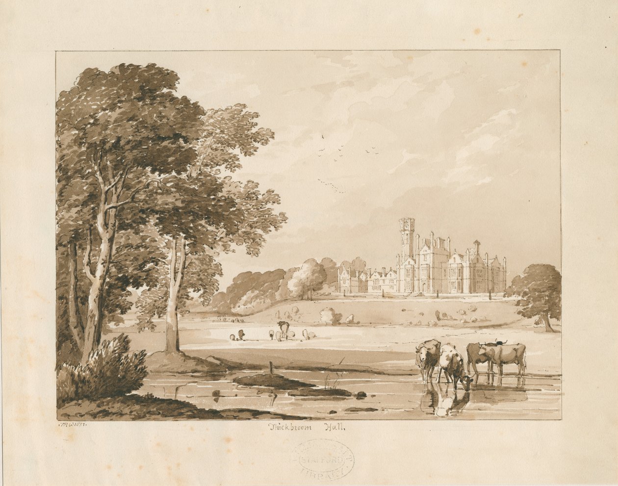 "Thickbroom Hall" [Manley Hall]: seepiapesupiirustus, 1837 tekijältä Thomas Peploe Wood