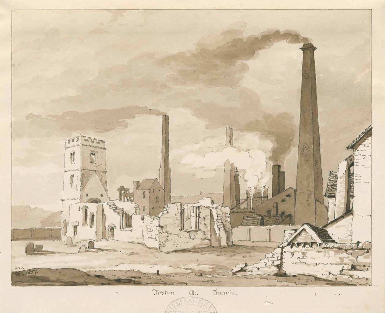 Tipton Old Church: seepiapesupiirustus, 1837 tekijältä Thomas Peploe Wood
