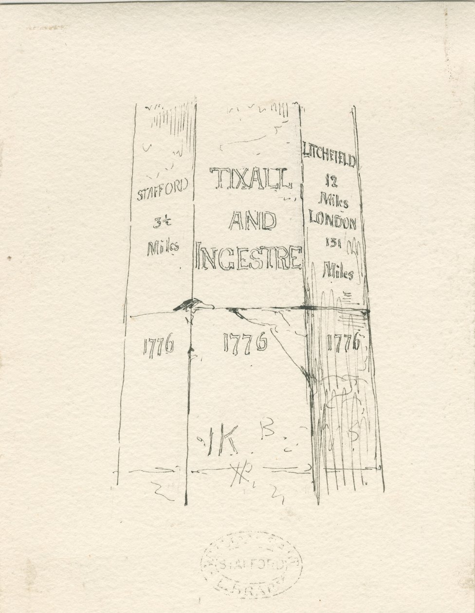 Tixall - Kivipilari, jossa ajokilometrit: kynä- ja mustepiirustus, nd [1800-luvun puoliväli] (piirustus) tekijältä Thomas Peploe Wood