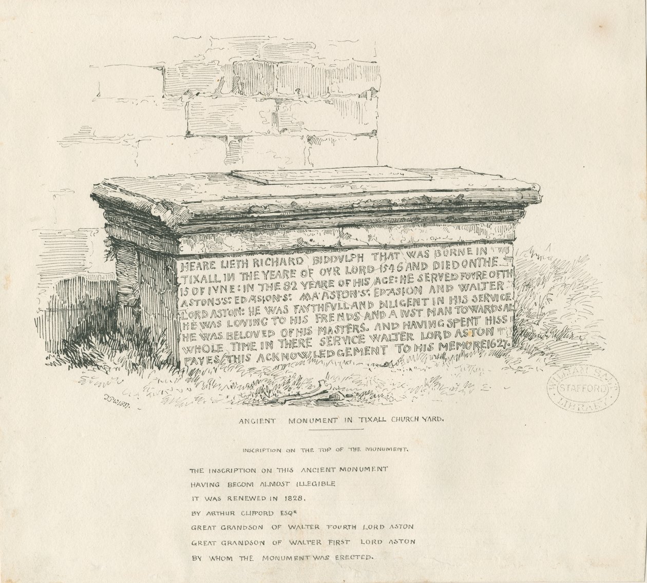 Tixall Church Yard - Pöytähauta: tussipiirros. tekijältä Thomas Peploe Wood