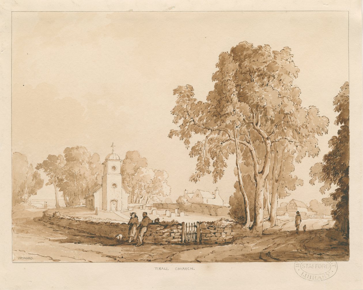 Tixallin kirkko: punaseepiapiirros, 1837 tekijältä Thomas Peploe Wood