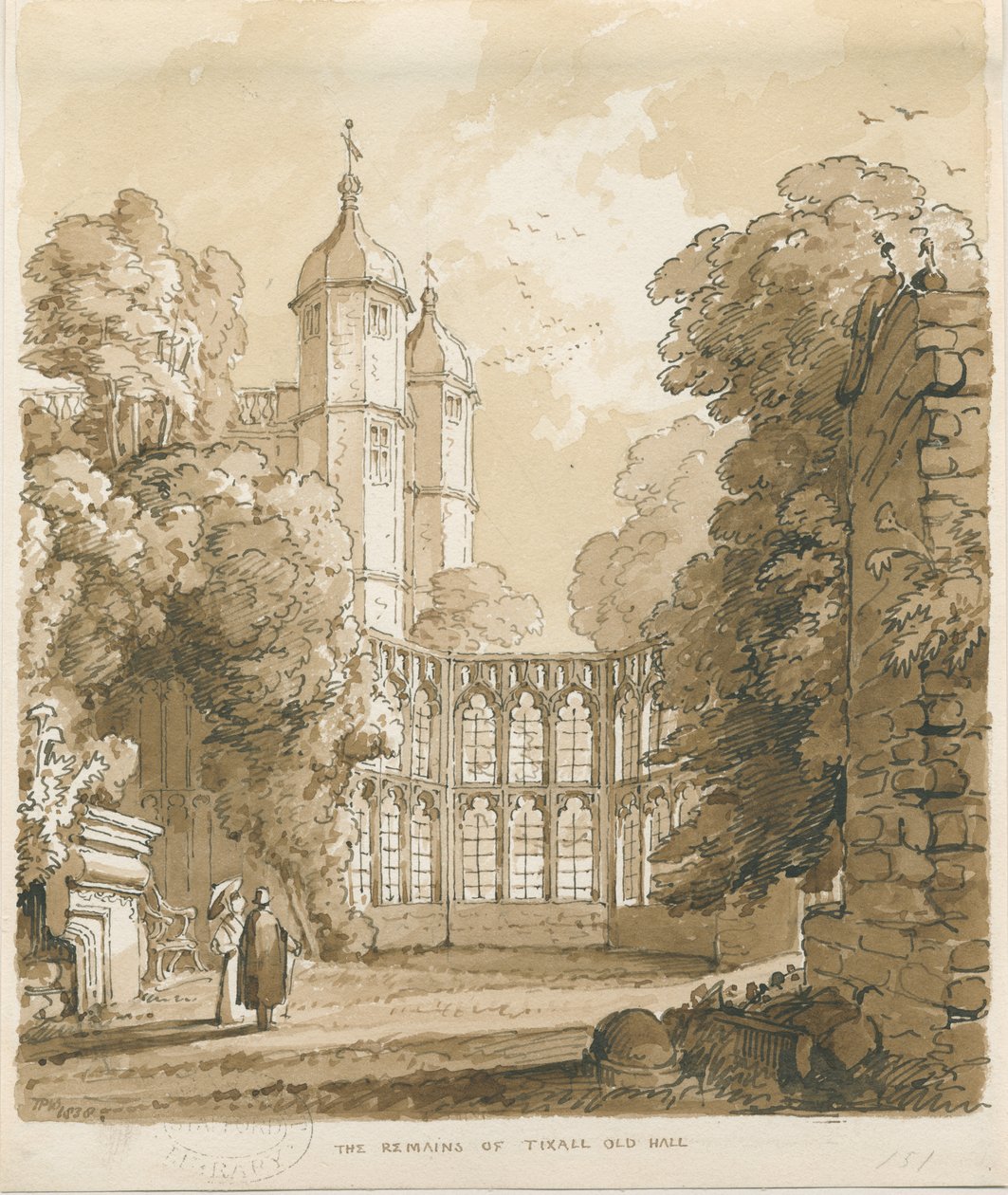 Tixall Hall: kynä- ja pesupiirustus, 1838 tekijältä Thomas Peploe Wood