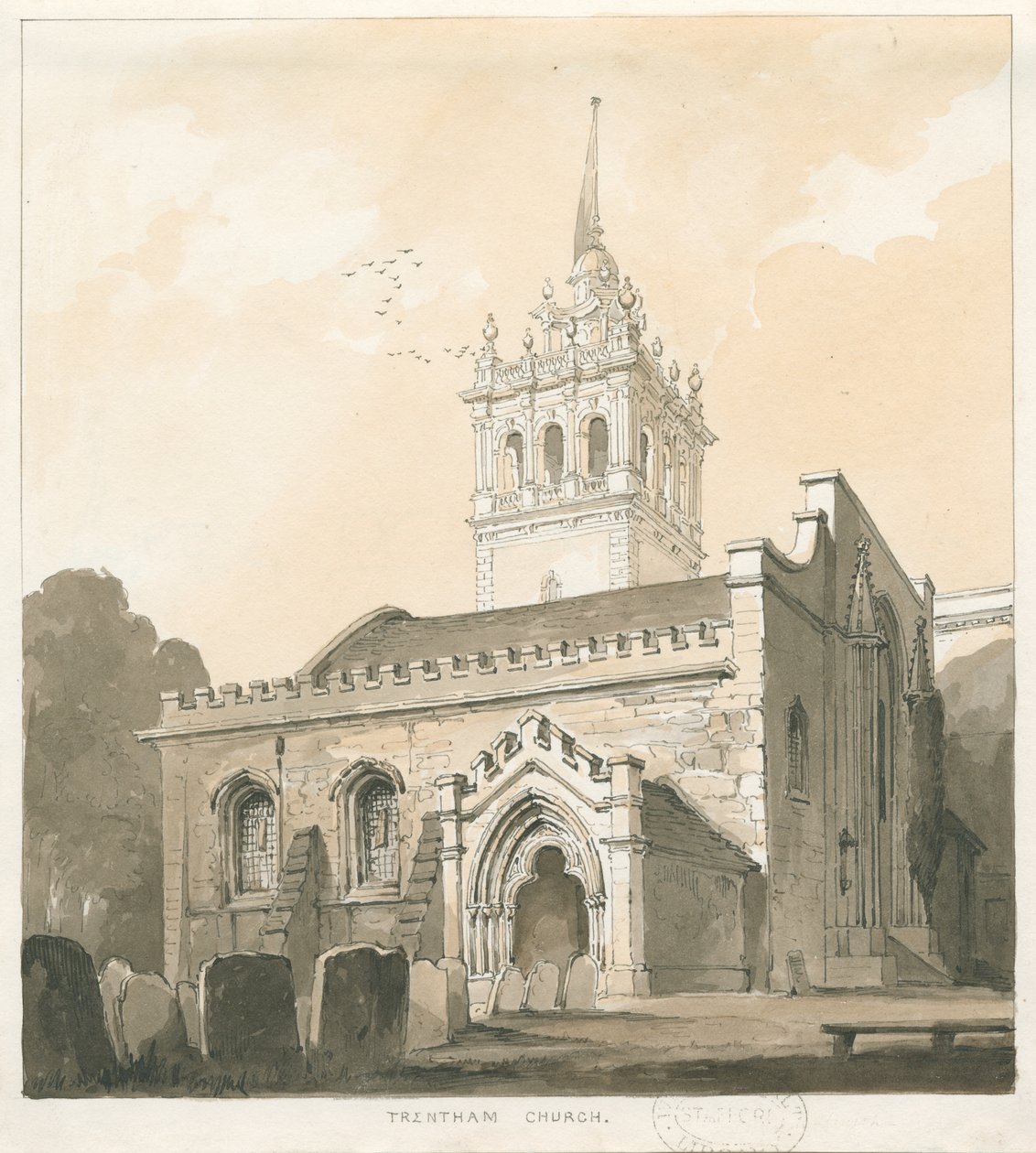 Trentham Church: seepia ja keltainen pesupiirros, nd [?1838] tekijältä Thomas Peploe Wood
