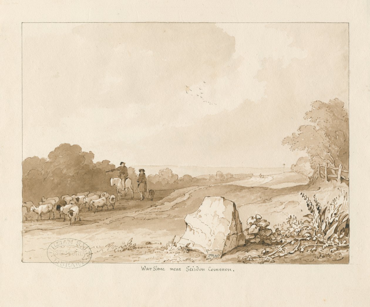 Trysull - "War Stone near Seisdon Common": kynä- ja seepiapesupiirustus, 1837 tekijältä Thomas Peploe Wood