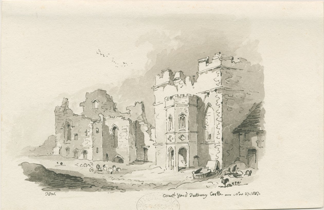 Tutbury Castle - Court Yard: kynä- ja pesupiirustus, 27. marraskuuta 1837 tekijältä Thomas Peploe Wood