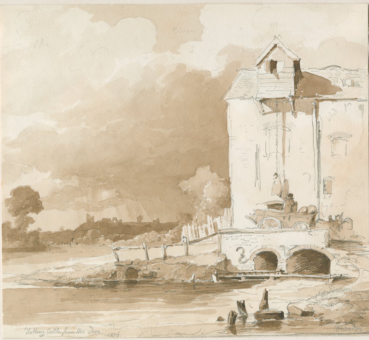 Tutbury Castle: Etäinen näkymä kyyhkysjoelta: lyijykynä- ja pesupiirustus, 1836 tekijältä Thomas Peploe Wood