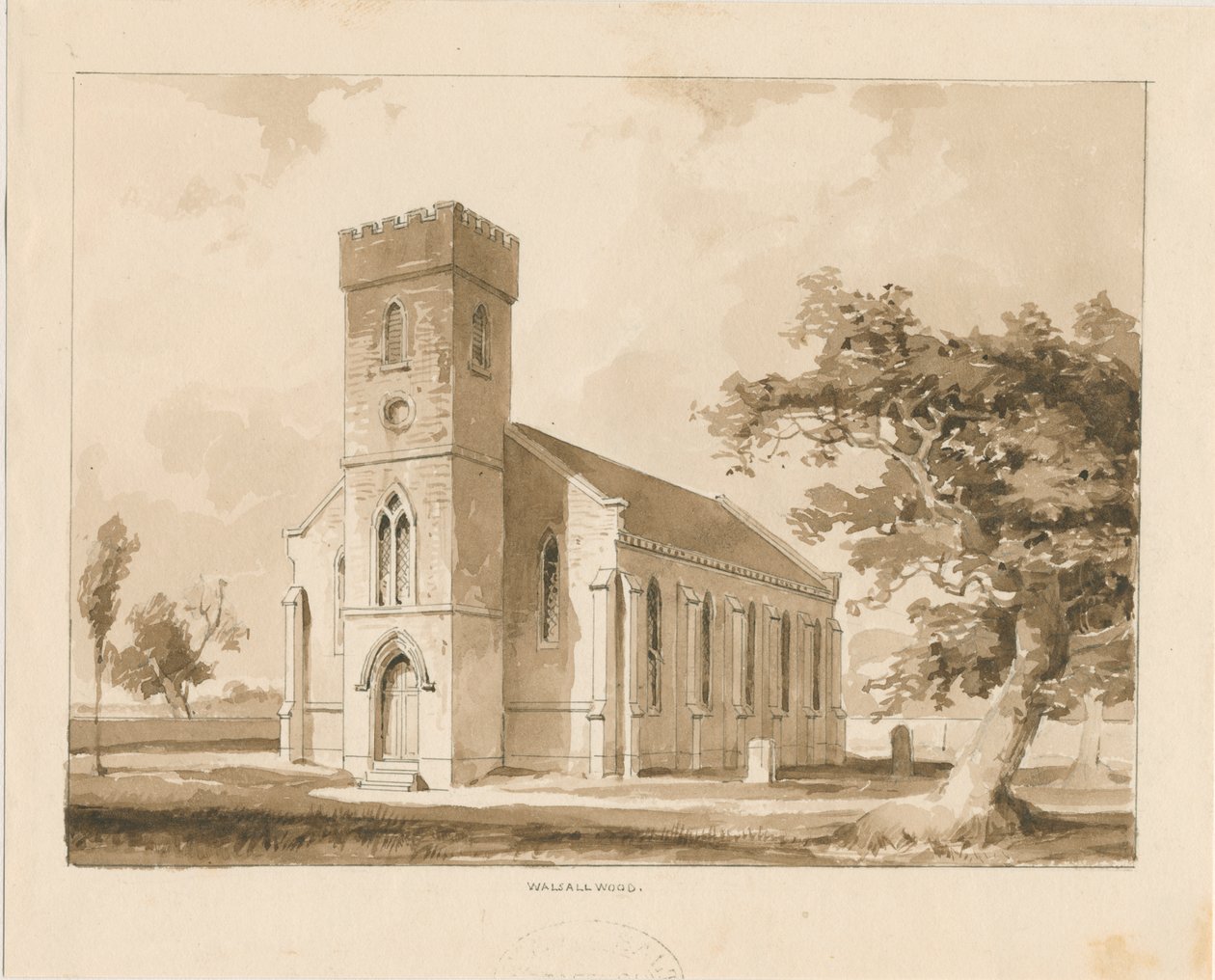 Walsall Wood Church: seepiapiirustus, nd [1817-1845] (piirustus) tekijältä Thomas Peploe Wood