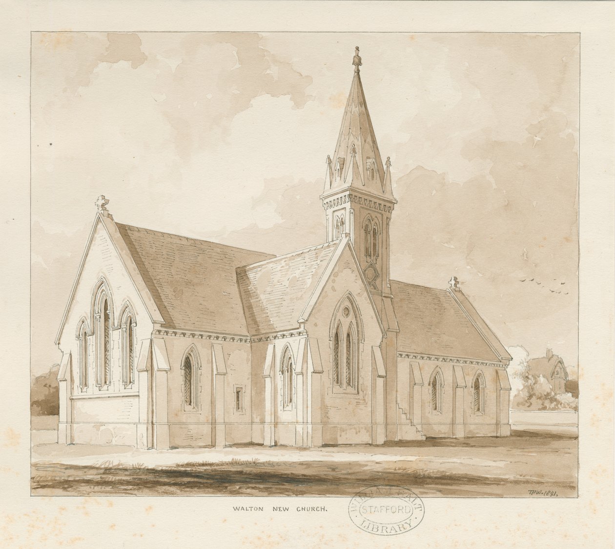 Walton-on-the-Hill Church [Uutta]: kynä- ja pesupiirustus tekijältä Thomas Peploe Wood