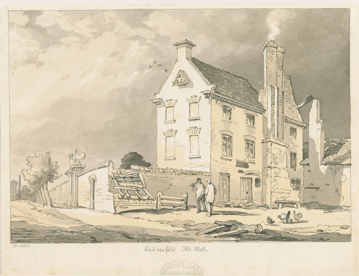 Wednesfield - "Old Hall": seepia-, kynä- ja sävypiirustus, 1837 tekijältä Thomas Peploe Wood