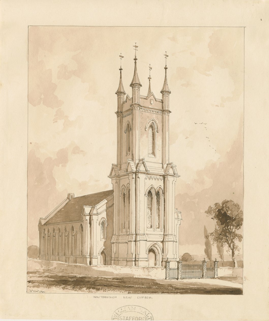 West Bromwichin kirkko [Uusi]: seepiapesupiirustus tekijältä Thomas Peploe Wood