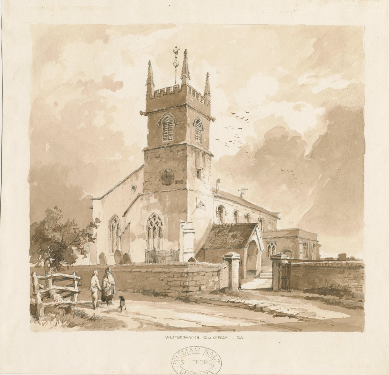 West Bromwich Church ["Vanha"]: kynä- ja pesupiirustus, nd [1841, vrt. XII.16b ja WSL, D1986/3] tekijältä Thomas Peploe Wood