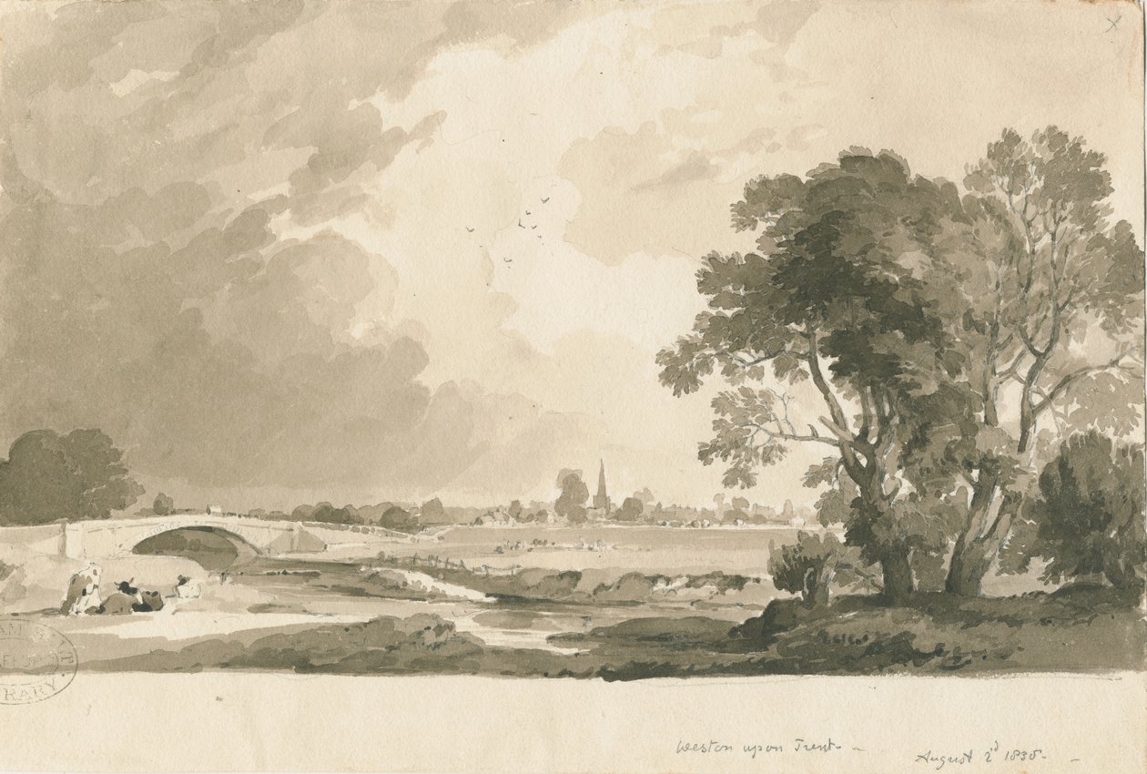 Weston-on-Trent - Kaukonäkymä: seepia- ja lyijykynällä pesupiirustus, 2. elokuuta 1838 tekijältä Thomas Peploe Wood