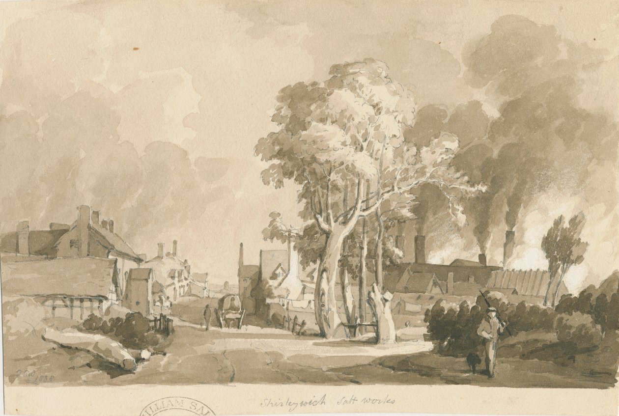 Weston-on-Trent - Shirleywichin suolatehdas: seepiapesupiirustus, 1838 tekijältä Thomas Peploe Wood