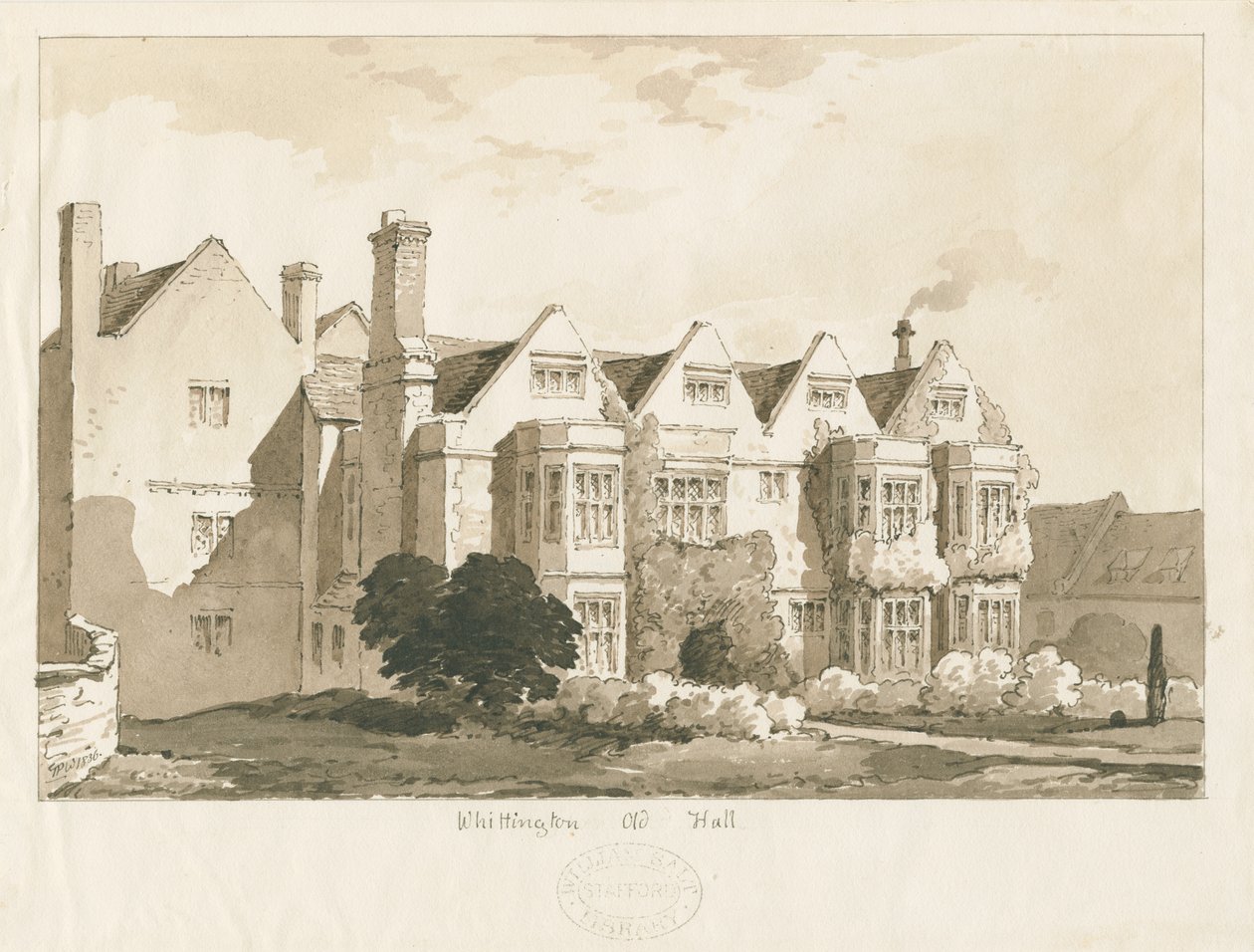 Whittington Hall: kynä- ja pesupiirustus, 1836 tekijältä Thomas Peploe Wood
