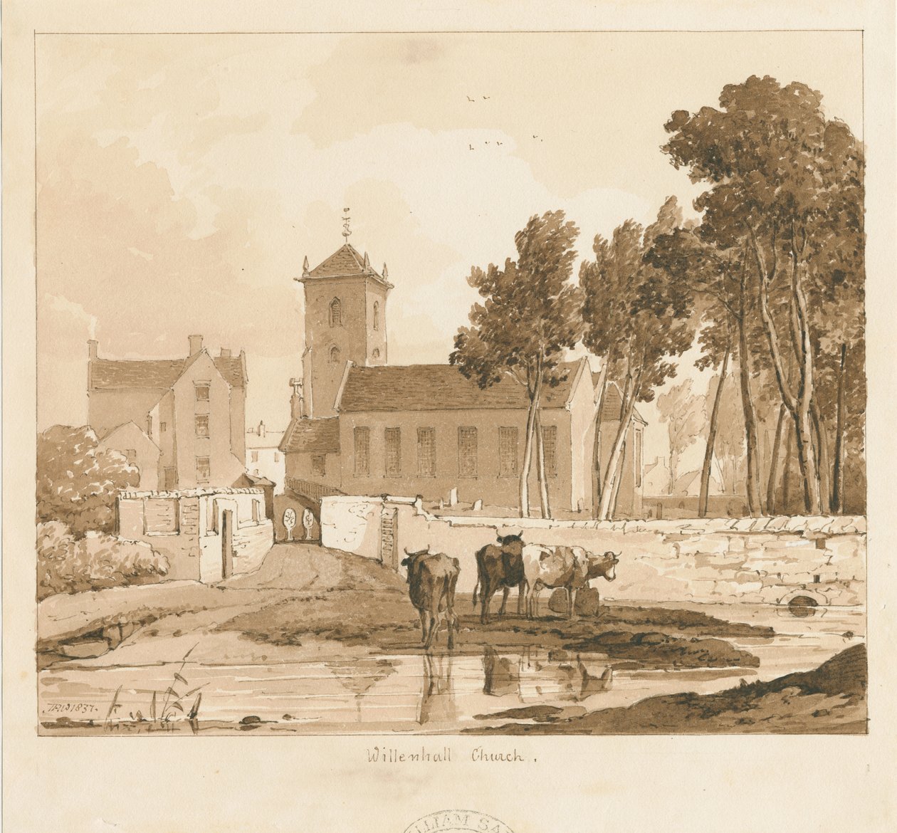 Willenhallin kirkko: seepiapiirros, 1837 tekijältä Thomas Peploe Wood