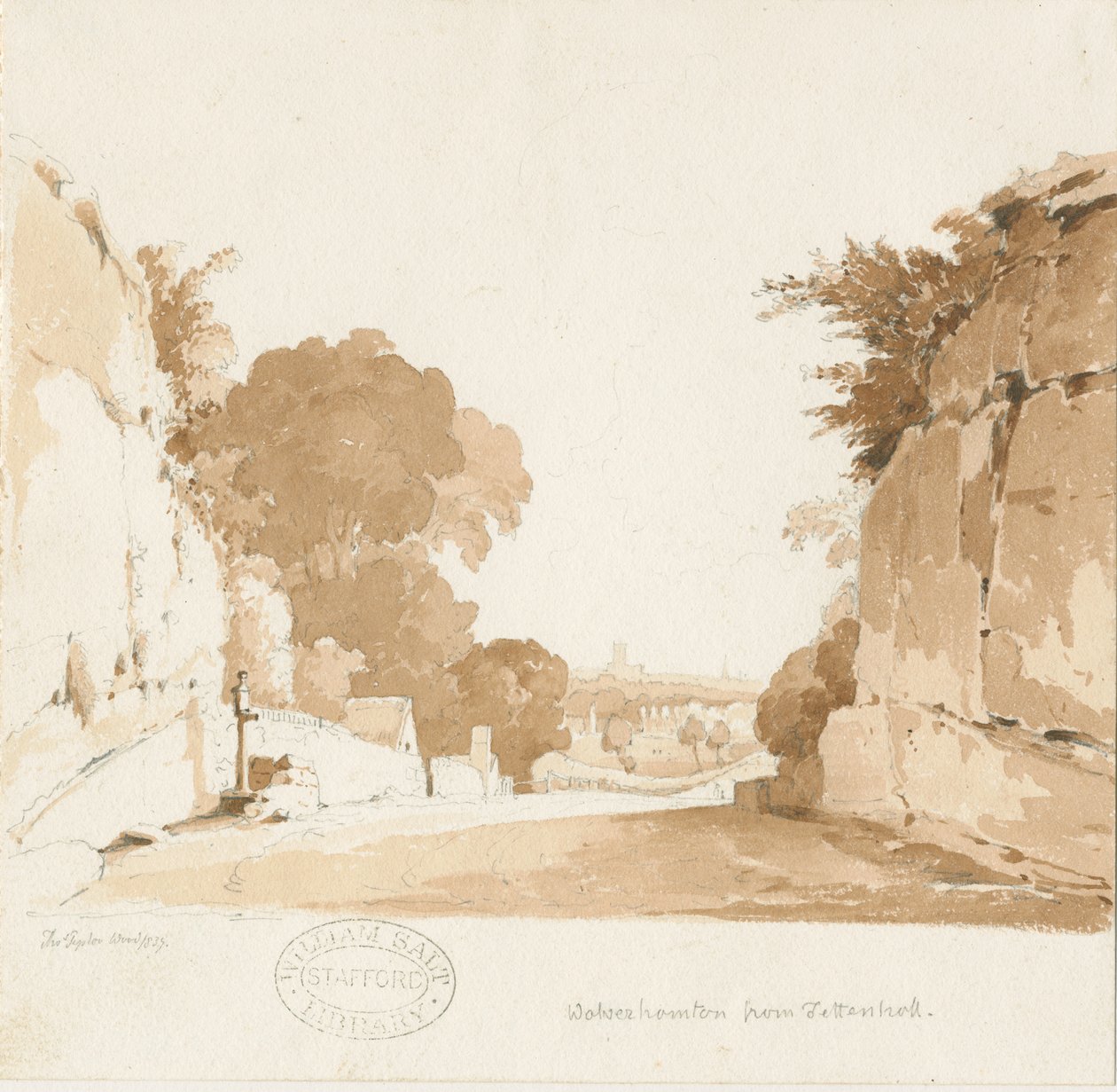 Wolverhampton - Kaukainen näkymä Tettenhallista: seepiapiirros, 1837 tekijältä Thomas Peploe Wood