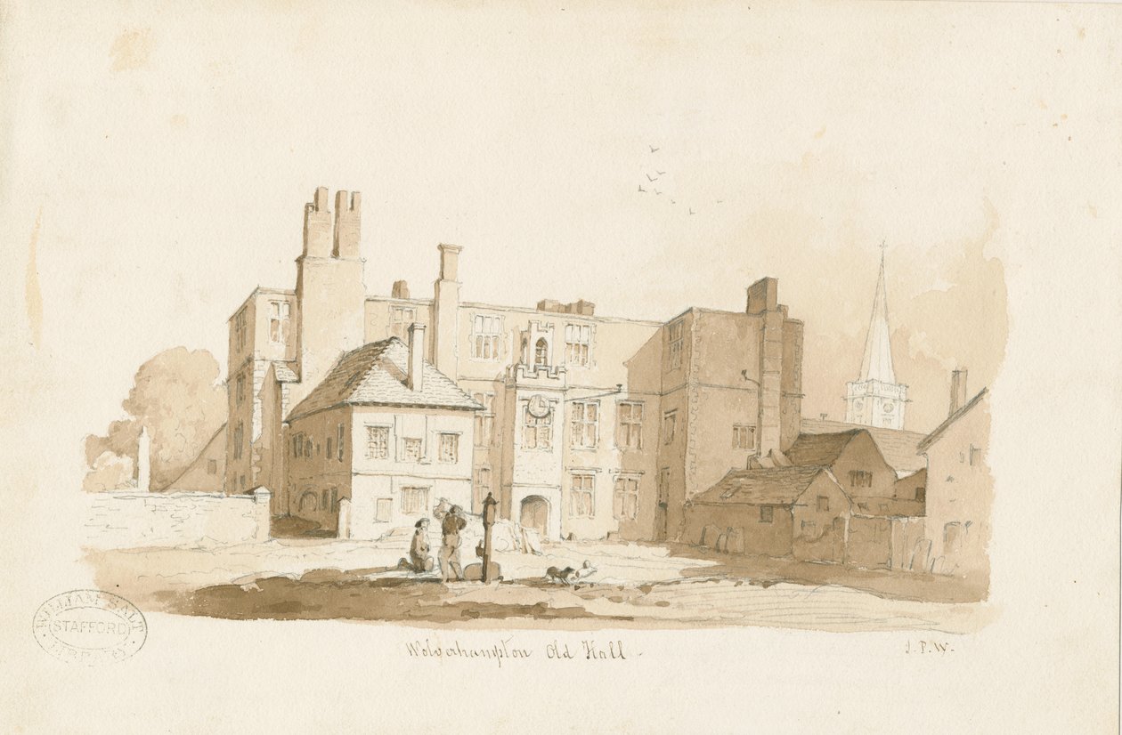 Wolverhampton - The Old Hall: seepiapiirros, nd [c 1838] (piirustus) tekijältä Thomas Peploe Wood