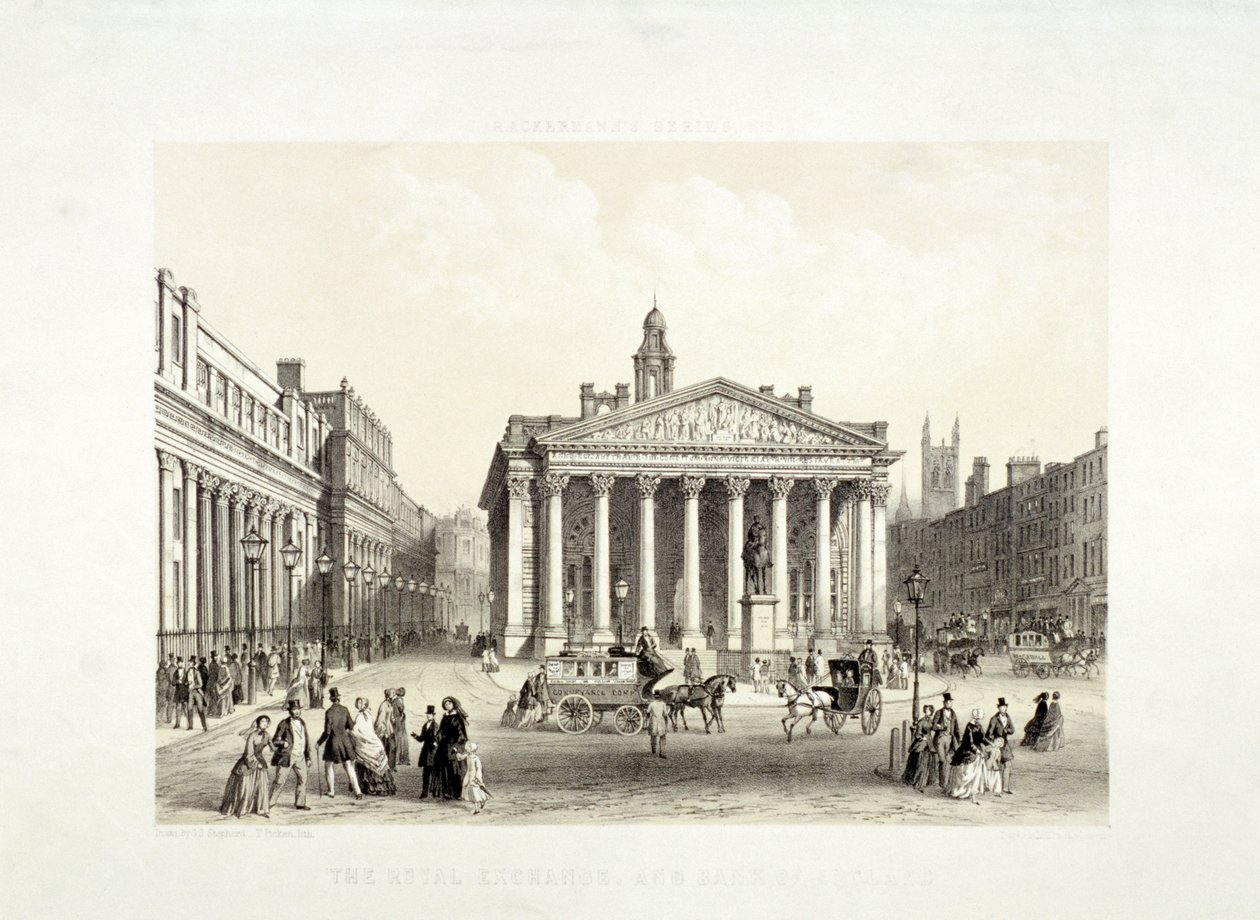 Royal Exchange ja Bank of England vasemmalla, Lontoo, 1851 tekijältä Thomas Picken
