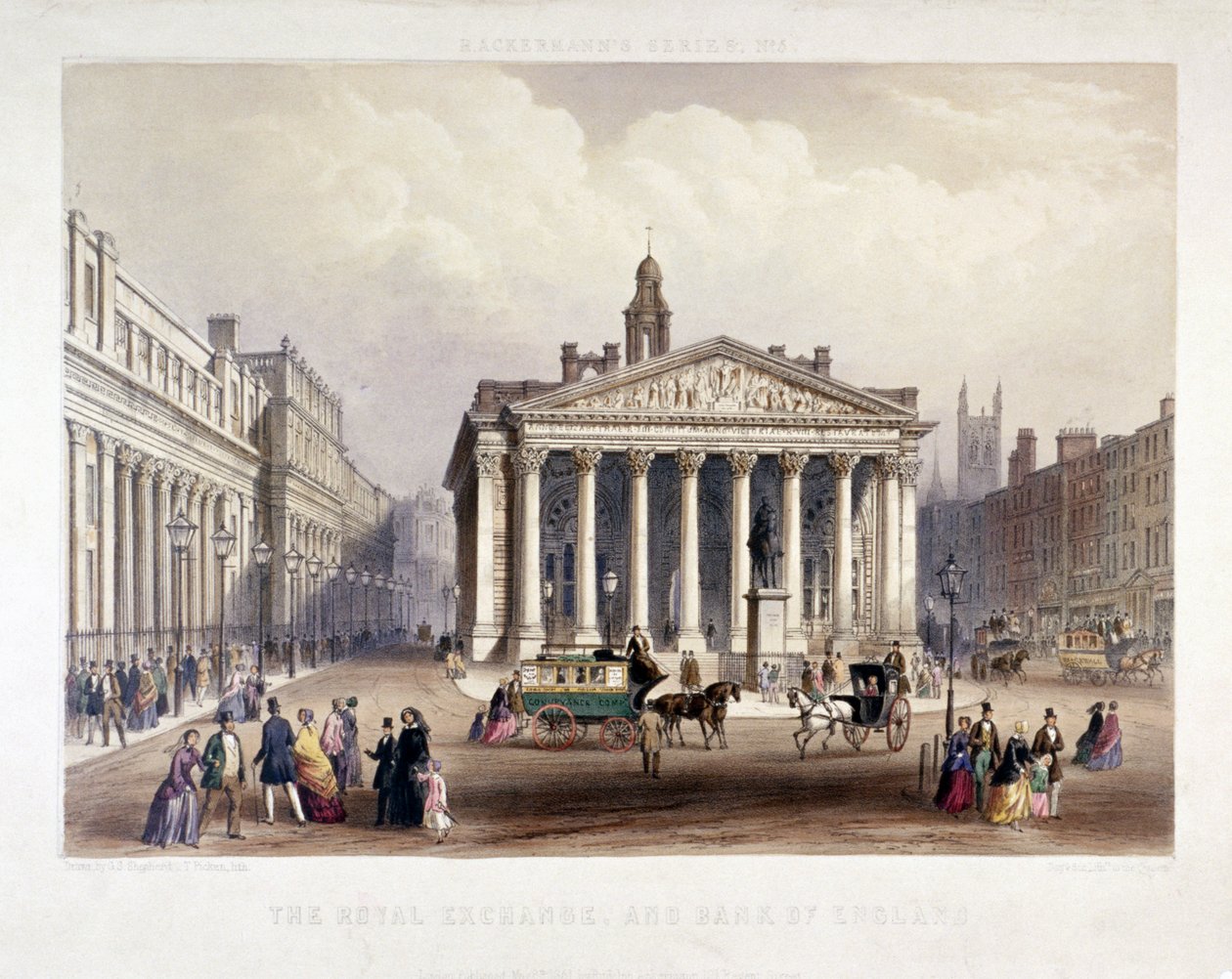 Royal Exchange ja Bank of England vasemmalla, Lontoo, 1851 tekijältä Thomas Picken