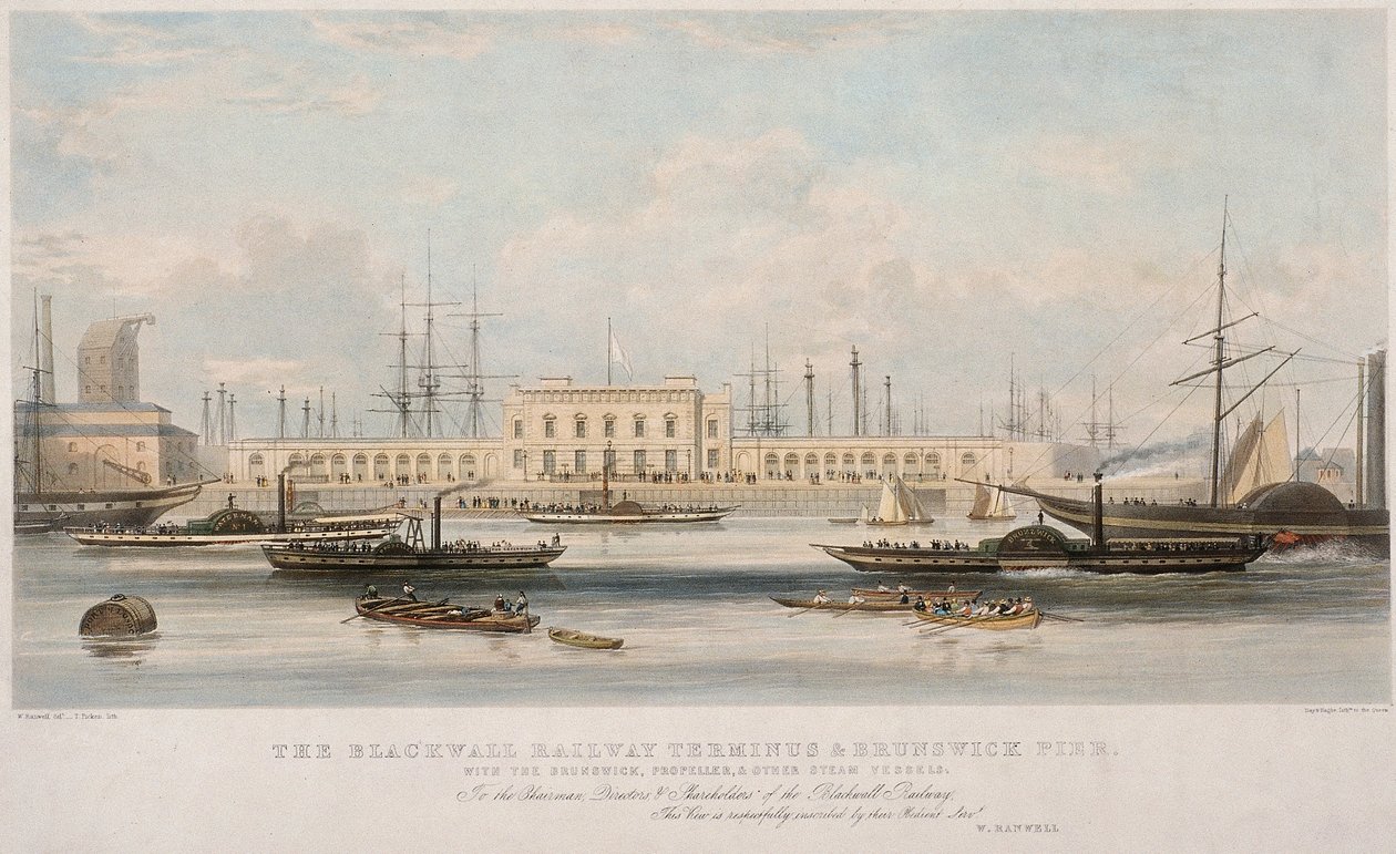"The Blackwall Railway Terminus and Brunswick Pier", Blackwall, Poplar, Lontoo, c1840 tekijältä Thomas Picken