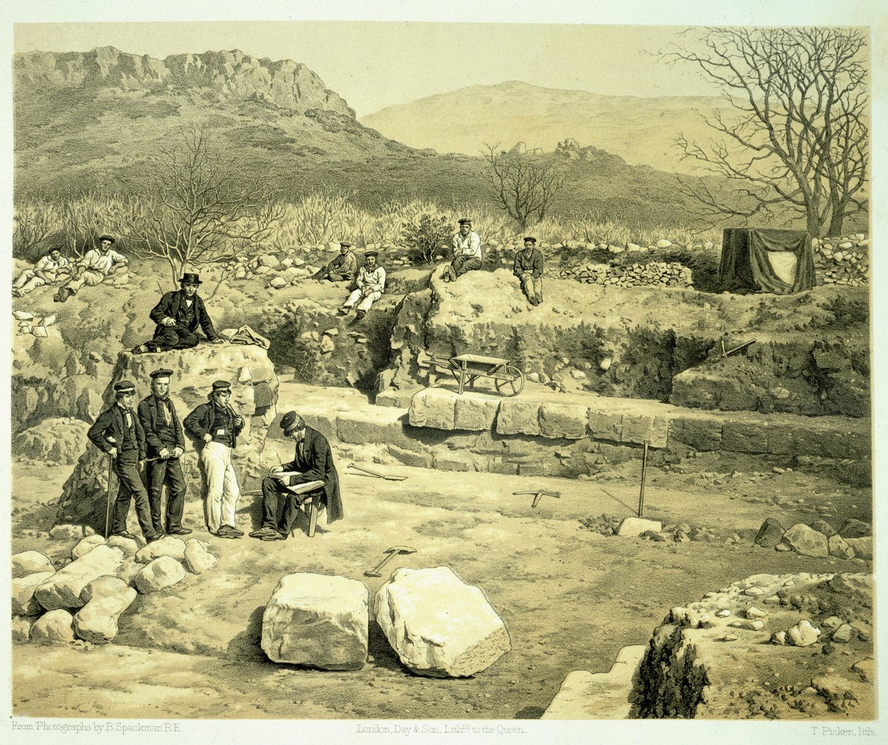 Näkymä Marsin temppelistä, Charles Thomas Newtonin (1816-94) julkaisusta "A History of Discoveries at Halicarnassus, Cnidus, und Branchidae", julkaistu 1862 tekijältä Thomas Picken