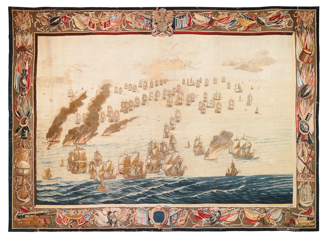 Historiallinen kuvakudos taistelusta Solebayssa, Mortlakessa, William van de Velden suunnitelmat, n. 1688 tekijältä Thomas Poyntz