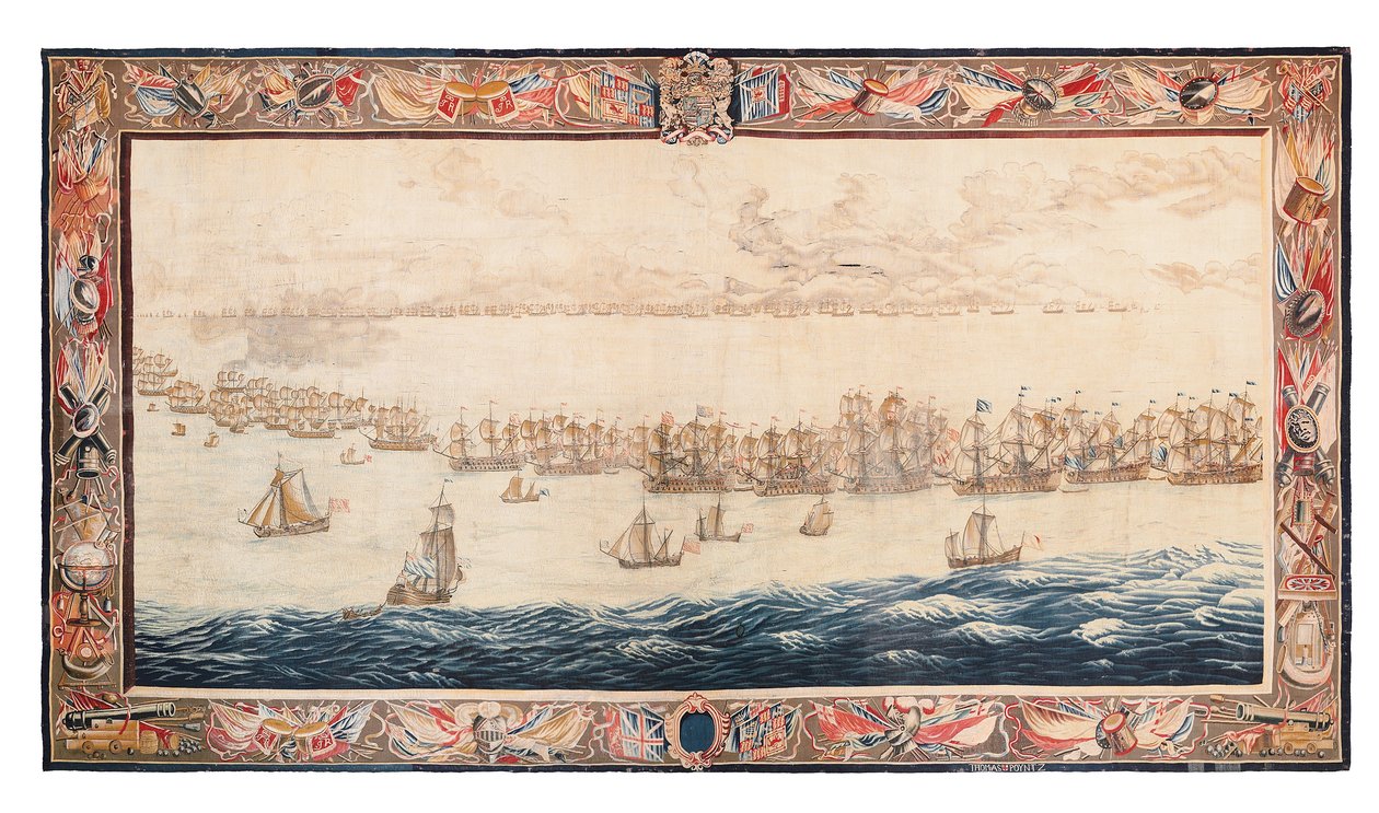 Historiallinen kuvakudos taistelusta Solebayssa, Mortlakessa, William van de Velden suunnitelmat, n. 1688 tekijältä Thomas Poyntz