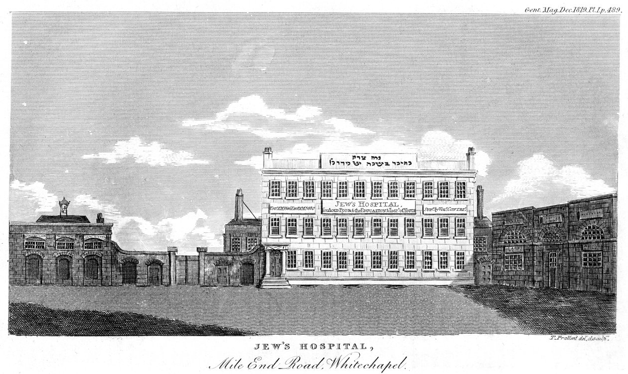 Jews Hospital, Mile End Road, Whitechapel, Lontoo, 1700-luvun loppu tai 1800-luvun alku. tekijältä Thomas Prattent