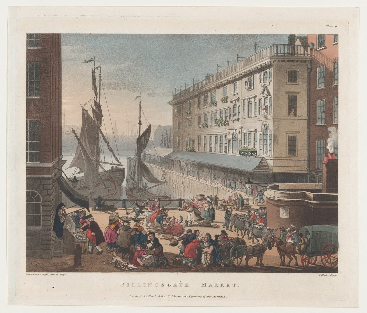 Billingsgate Market, 1. maaliskuuta 1808, 1. maaliskuuta 1808. Tekijät: Thomas Rowlandson, Augustus Charles Pugin, J. Bluck. tekijältä Thomas Rowlandson, Augustus Charles Pugin, J. Bluck