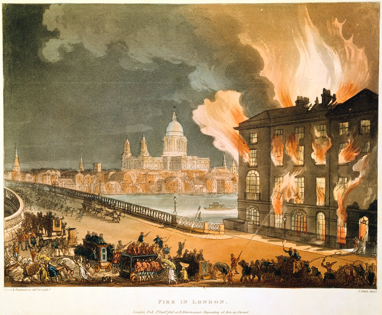 "Fire in London", 1808 tekijältä Thomas Rowlandson, Augustus Charles Pugin