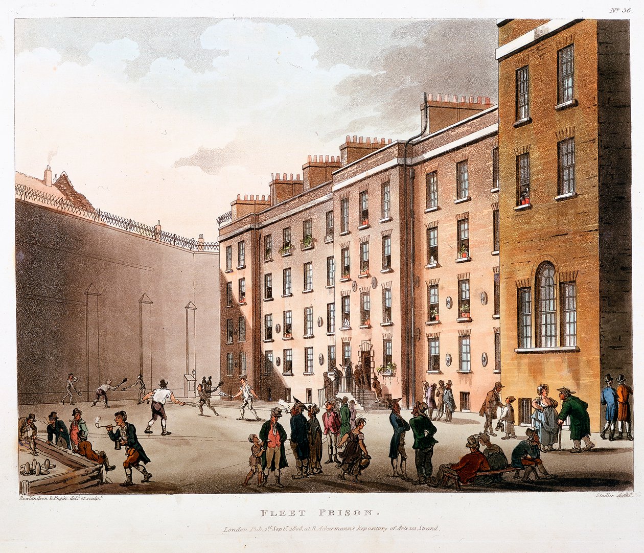 Inner Court, Fleet Prison, Lontoo, 1808-1811 tekijältä Thomas Rowlandson, Augustus Charles Pugin
