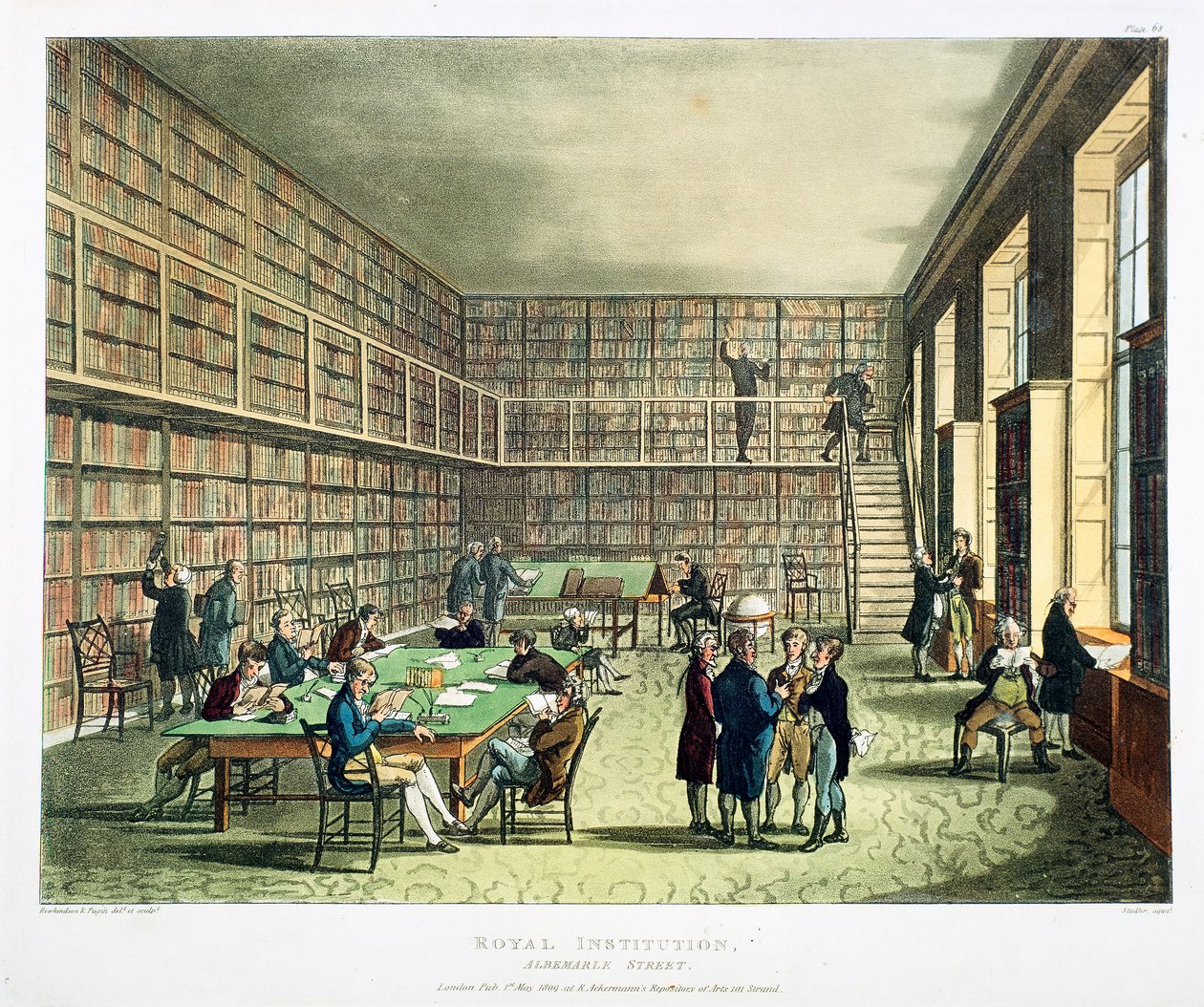 Royal Institutionin kirjasto, Albermarle Street, Lontoo, 1808-1811 tekijältä Thomas Rowlandson, Augustus Charles Pugin