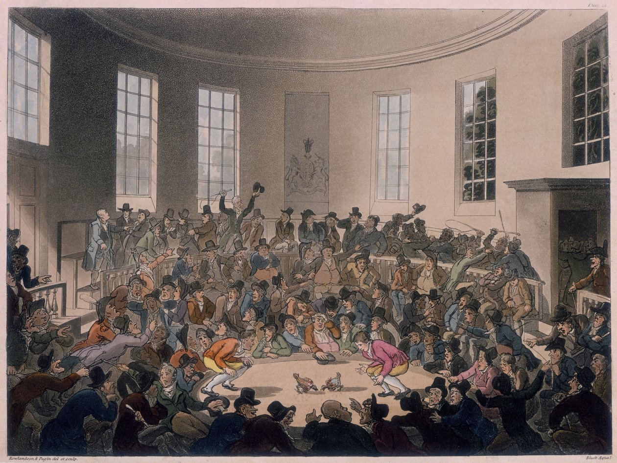 Miehet katsomassa kukkotaistelua, 1700-luvun loppu - 1800-luvun alku tekijältä Thomas Rowlandson, Augustus Charles Pugin