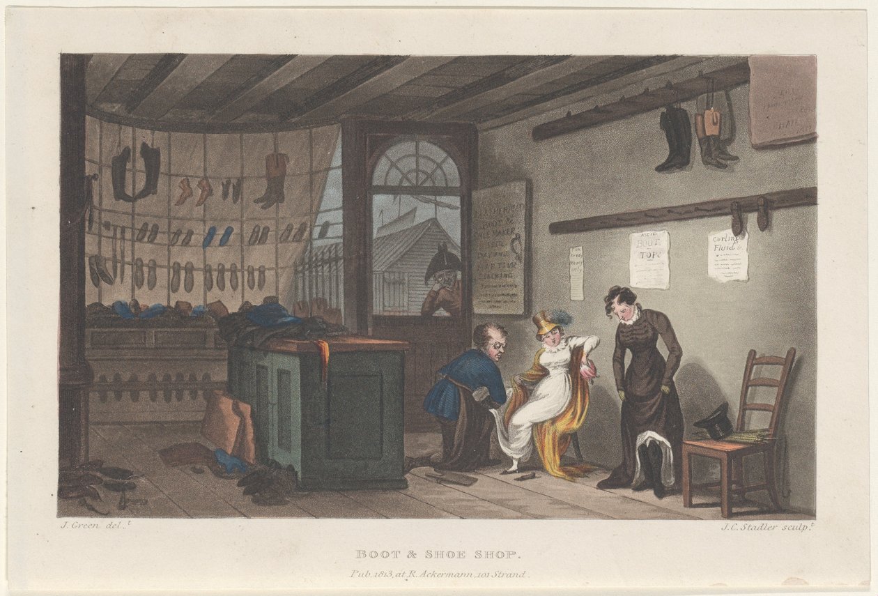 Boot & Shoe Shop, teoksesta Poetical Sketches of Scarborough, 1813, 1813. Tekijät: Thomas Rowlandson, Joseph Constantine Stadler, J. Bluck. tekijältä Thomas Rowlandson, Joseph Constantine Stadler, J. Bluck